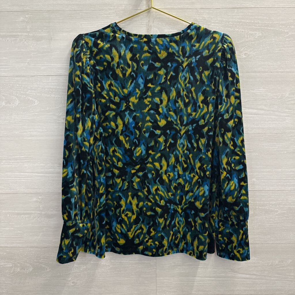 Chicos Blue/ Multi Velour Print Long Sleeve Top Large