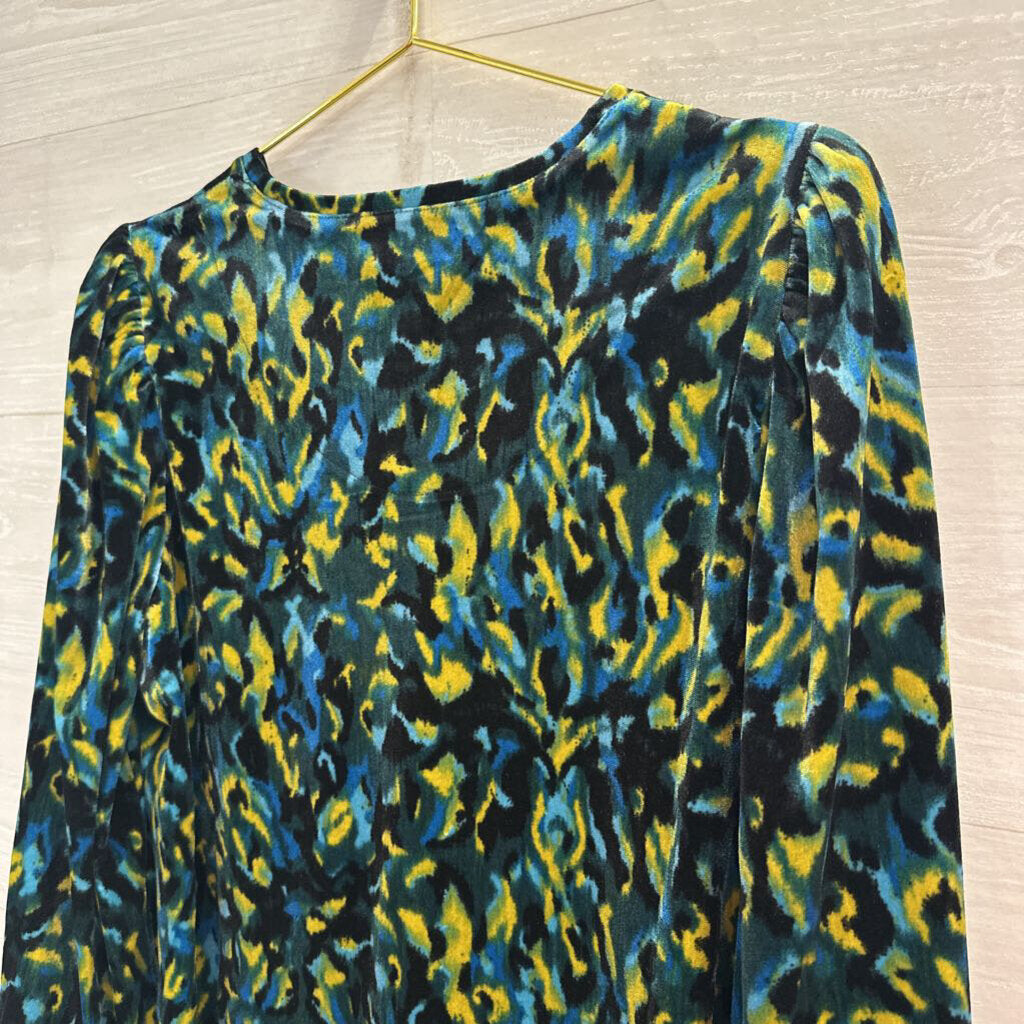 Chicos Blue/ Multi Velour Print Long Sleeve Top Large