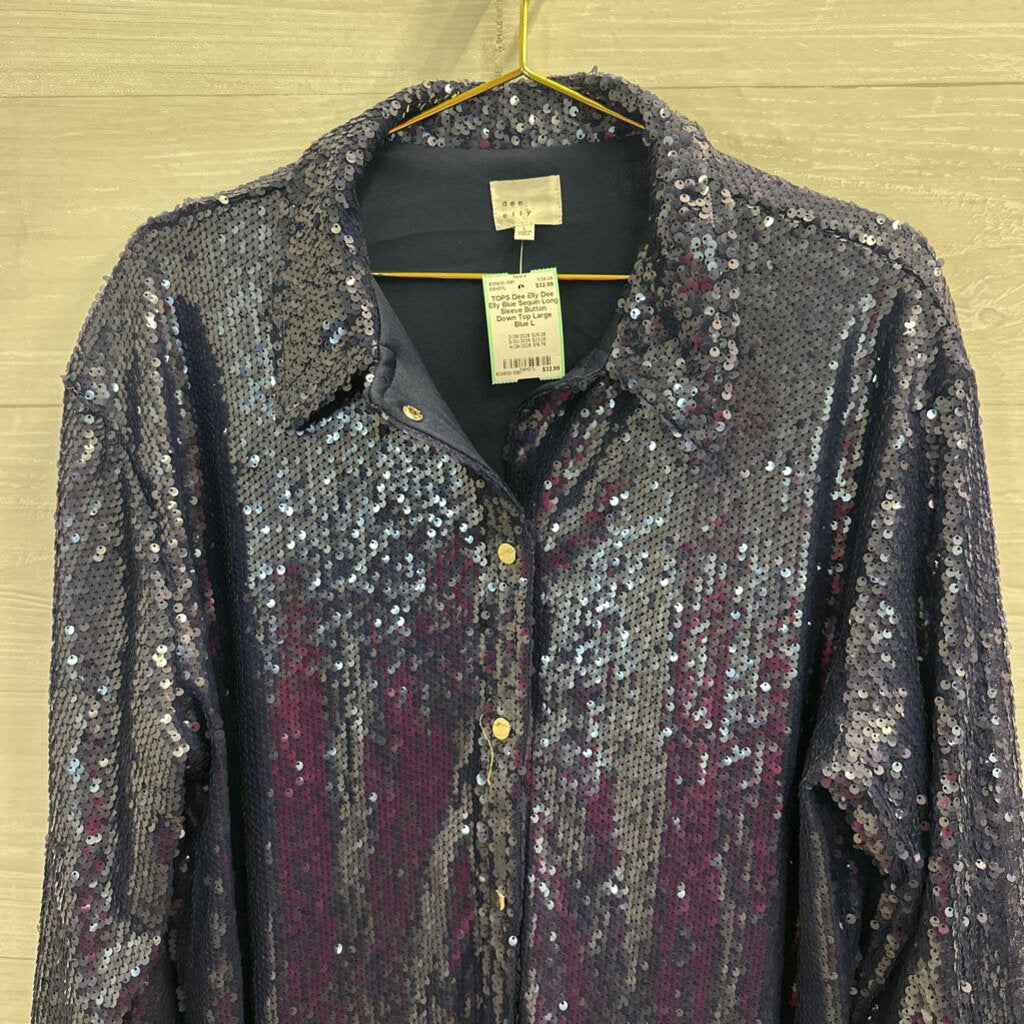 Dee Elly Blue Sequin Long Sleeve Button Down Top Large