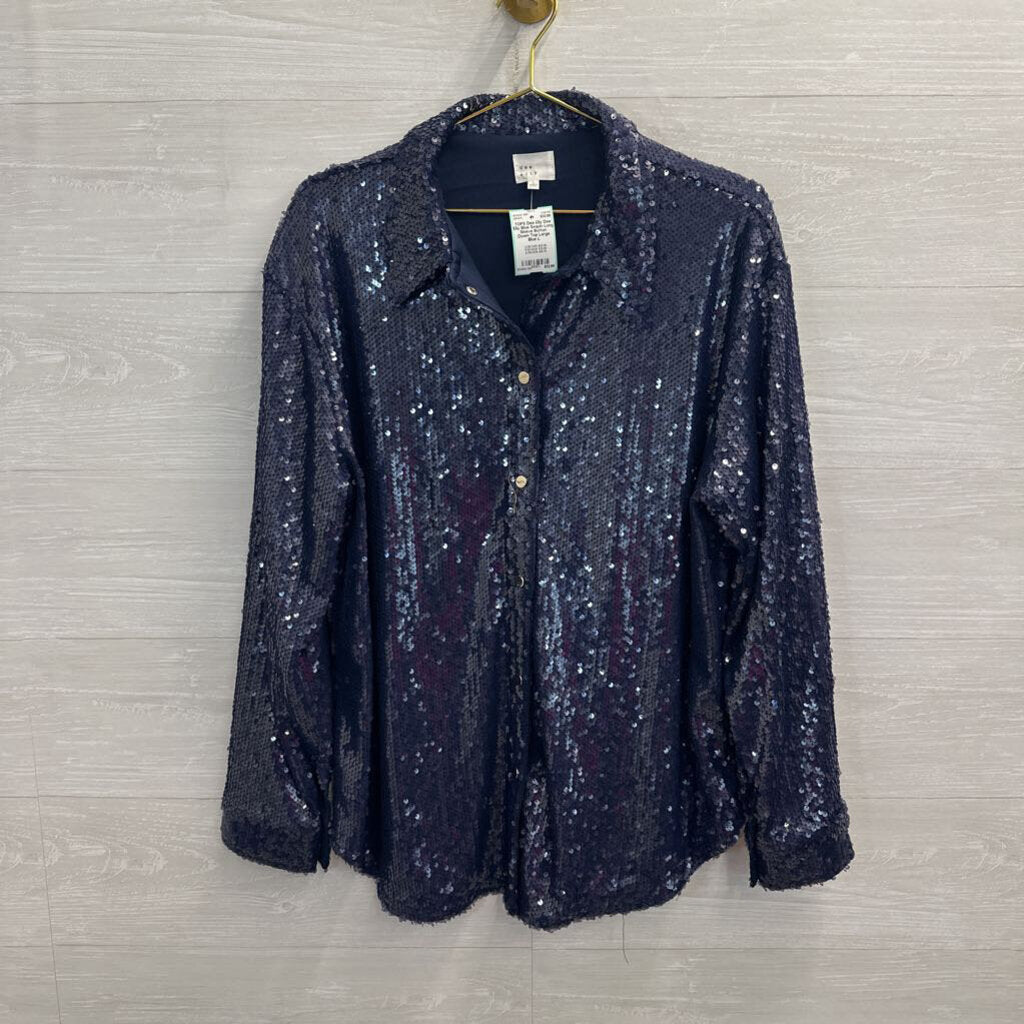 Dee Elly Blue Sequin Long Sleeve Button Down Top Large