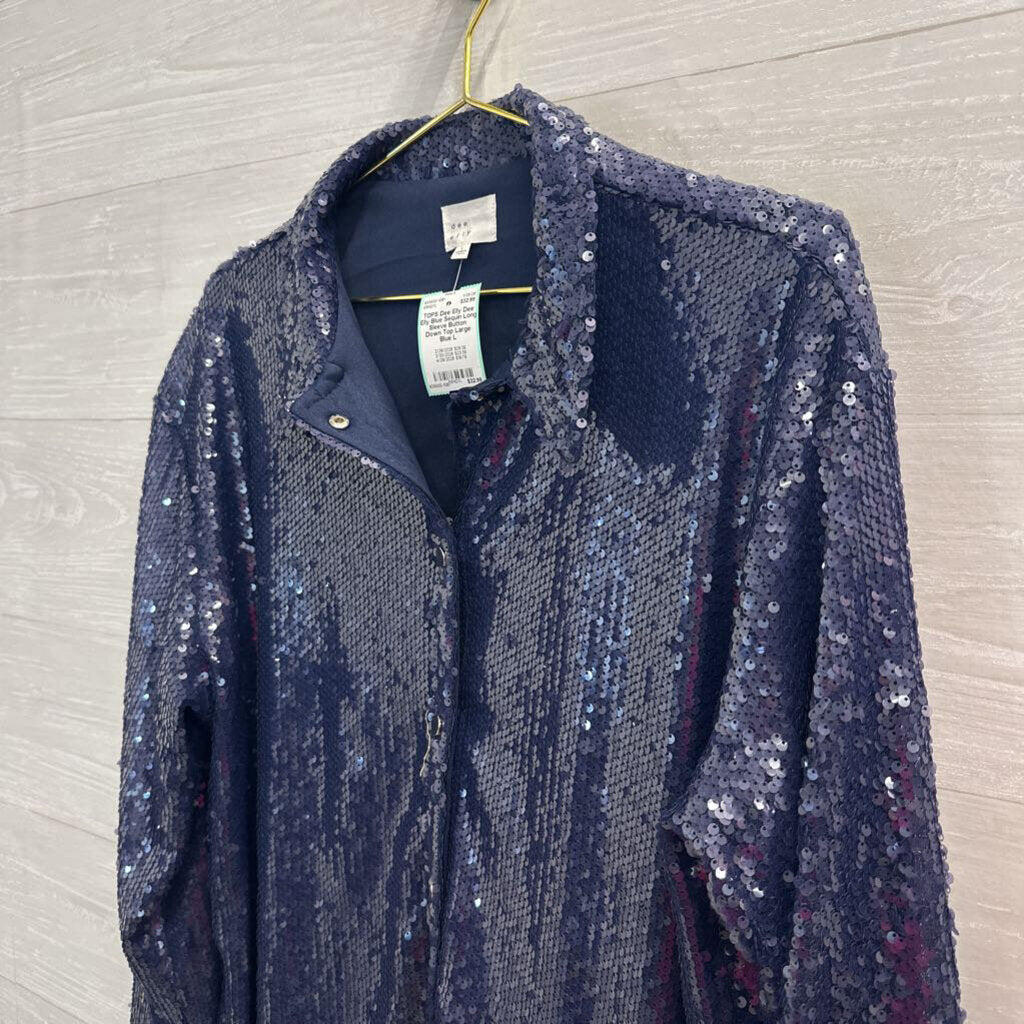 Dee Elly Blue Sequin Long Sleeve Button Down Top Large