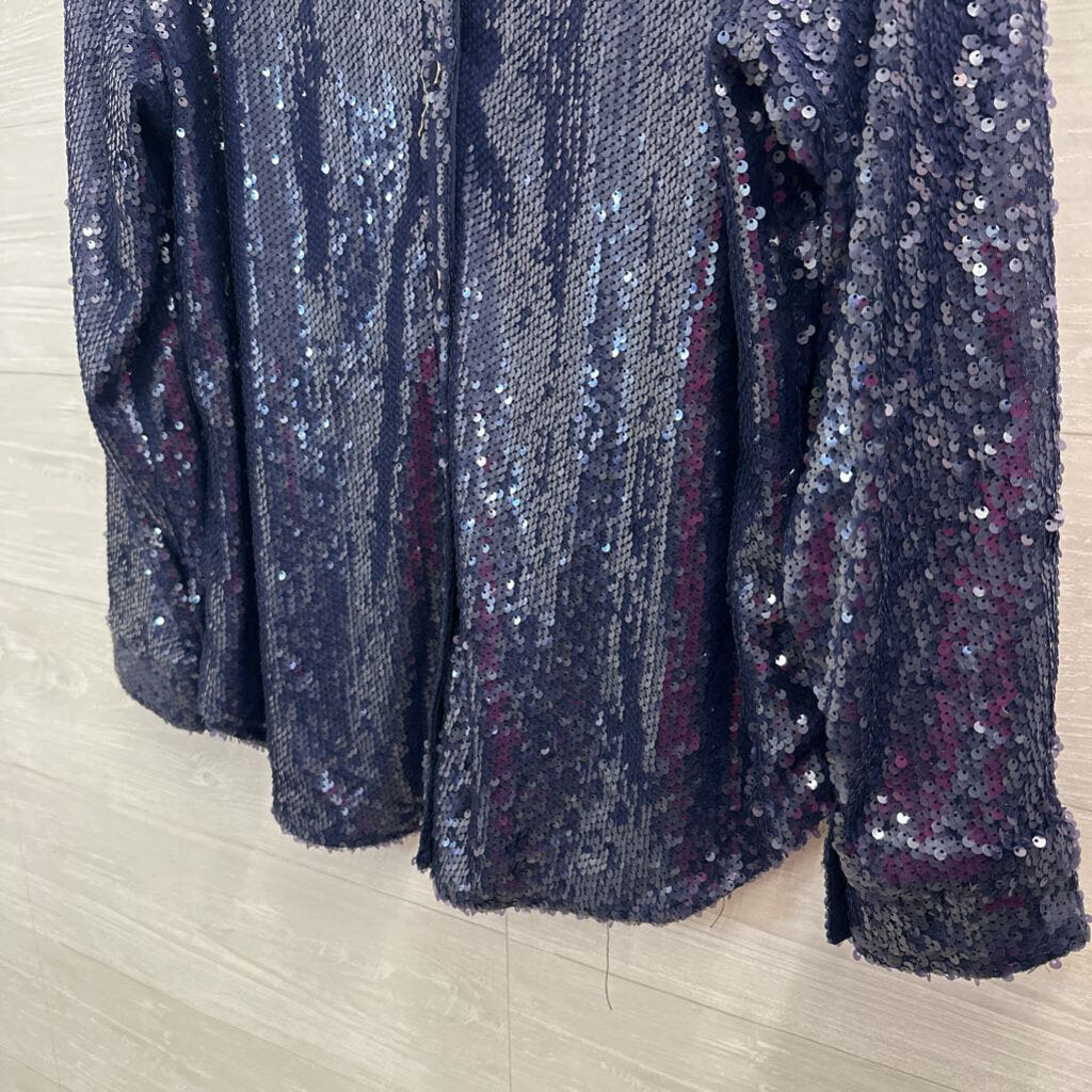 Dee Elly Blue Sequin Long Sleeve Button Down Top Large
