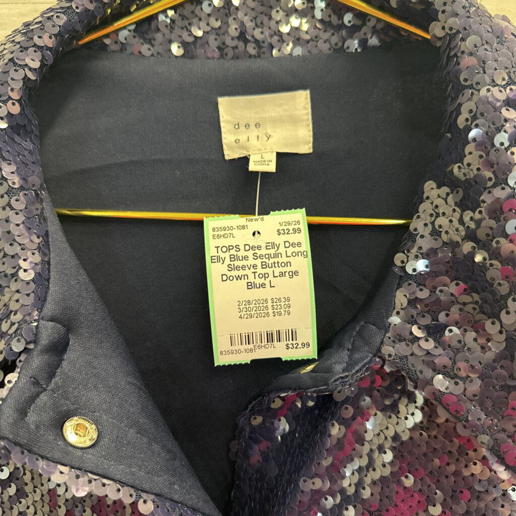 Dee Elly Blue Sequin Long Sleeve Button Down Top Large