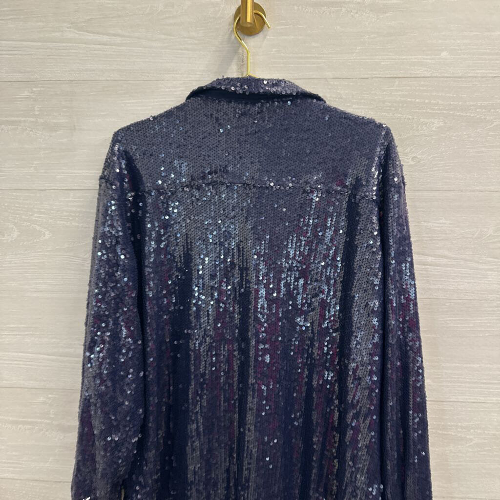 Dee Elly Blue Sequin Long Sleeve Button Down Top Large