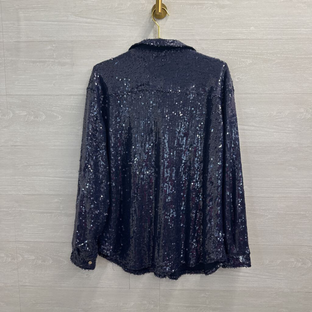 Dee Elly Blue Sequin Long Sleeve Button Down Top Large