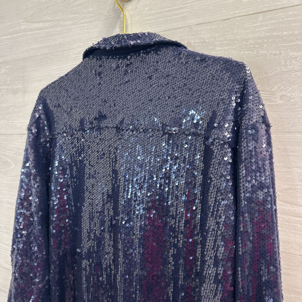 Dee Elly Blue Sequin Long Sleeve Button Down Top Large