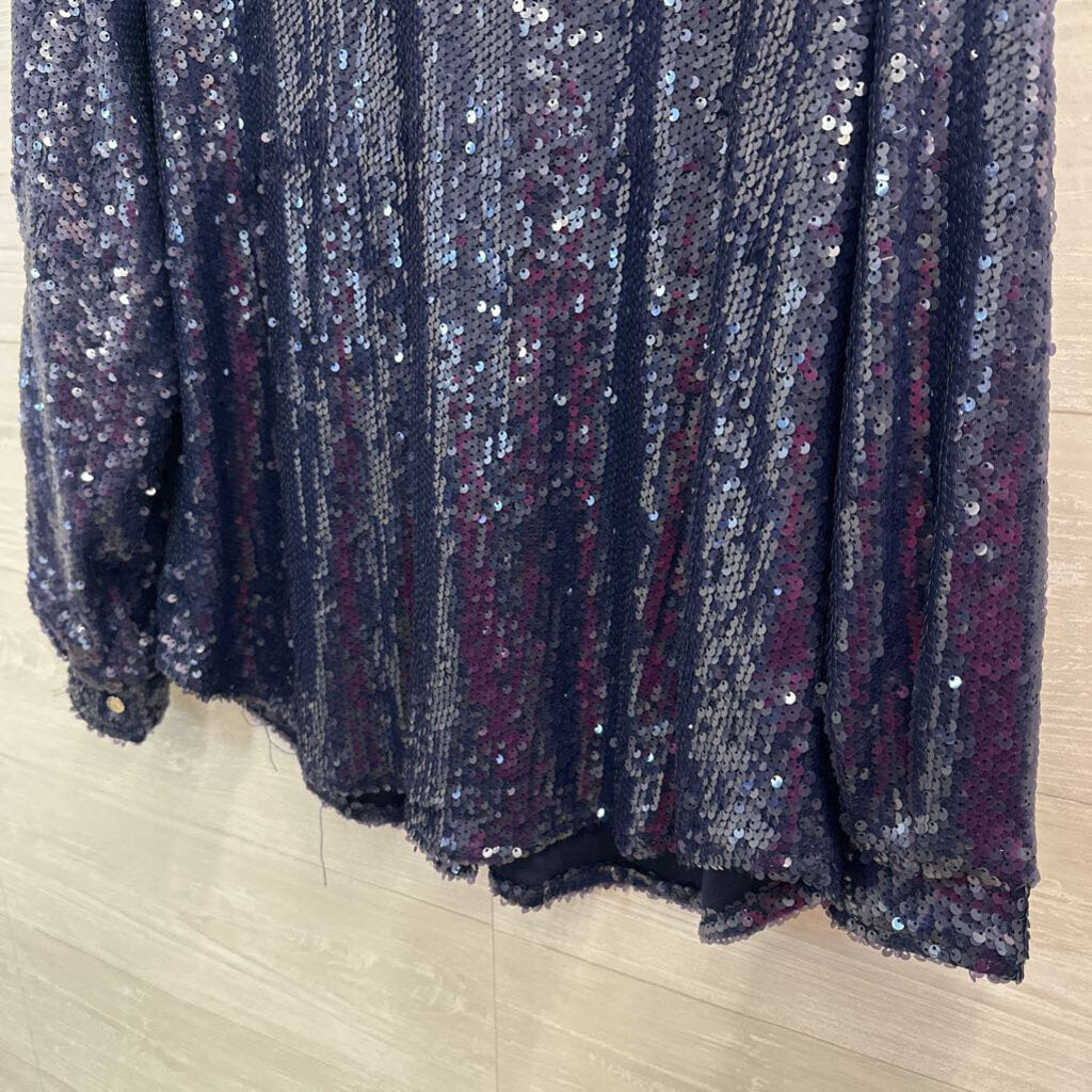 Dee Elly Blue Sequin Long Sleeve Button Down Top Large