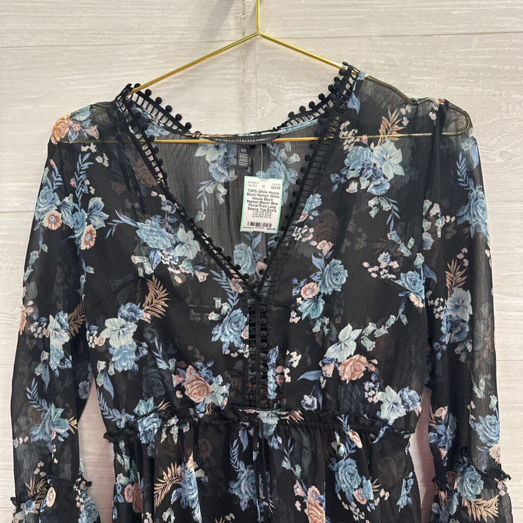 White House Black Market Black/ Blue Floral Print Long Sleeve Top Extra Small