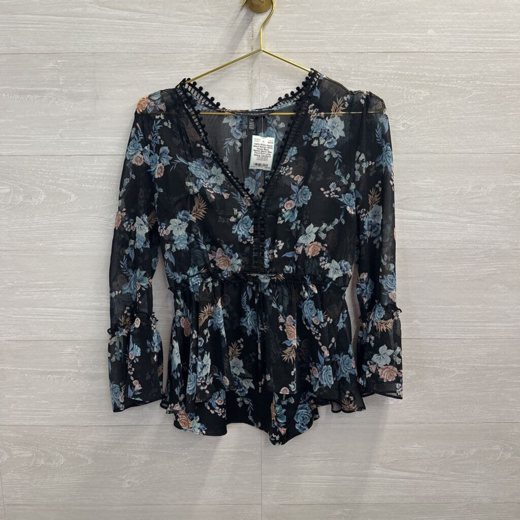 White House Black Market Black/ Blue Floral Print Long Sleeve Top Extra Small