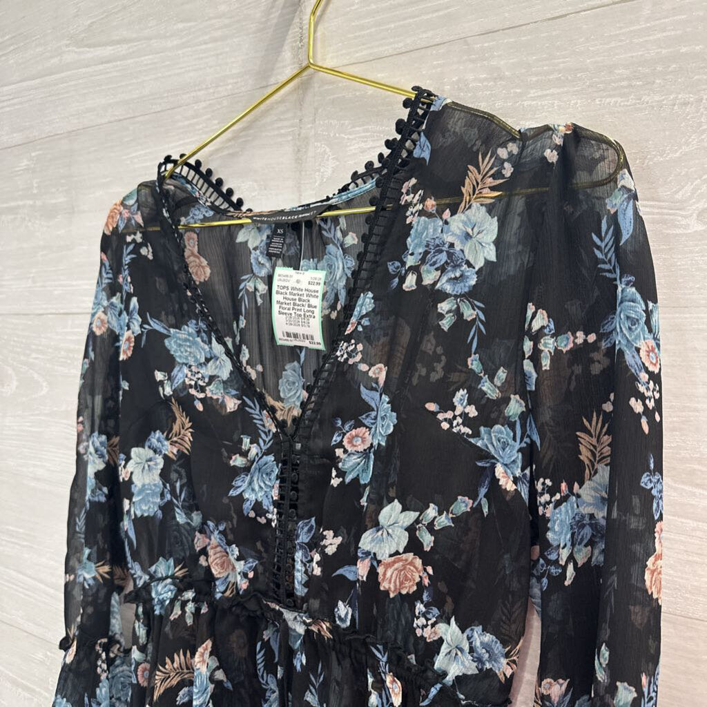 White House Black Market Black/ Blue Floral Print Long Sleeve Top Extra Small