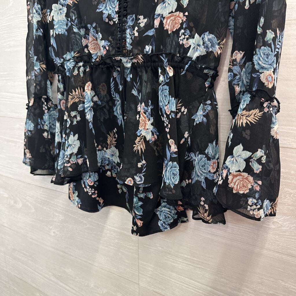 White House Black Market Black/ Blue Floral Print Long Sleeve Top Extra Small