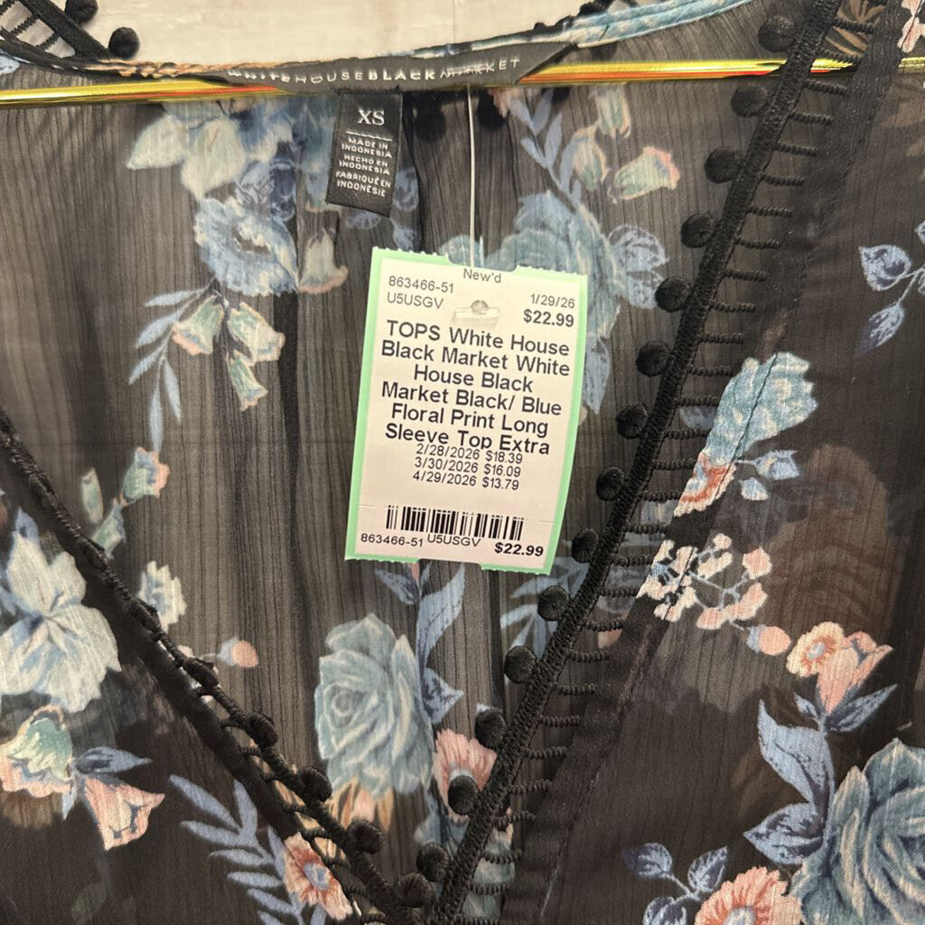White House Black Market Black/ Blue Floral Print Long Sleeve Top Extra Small