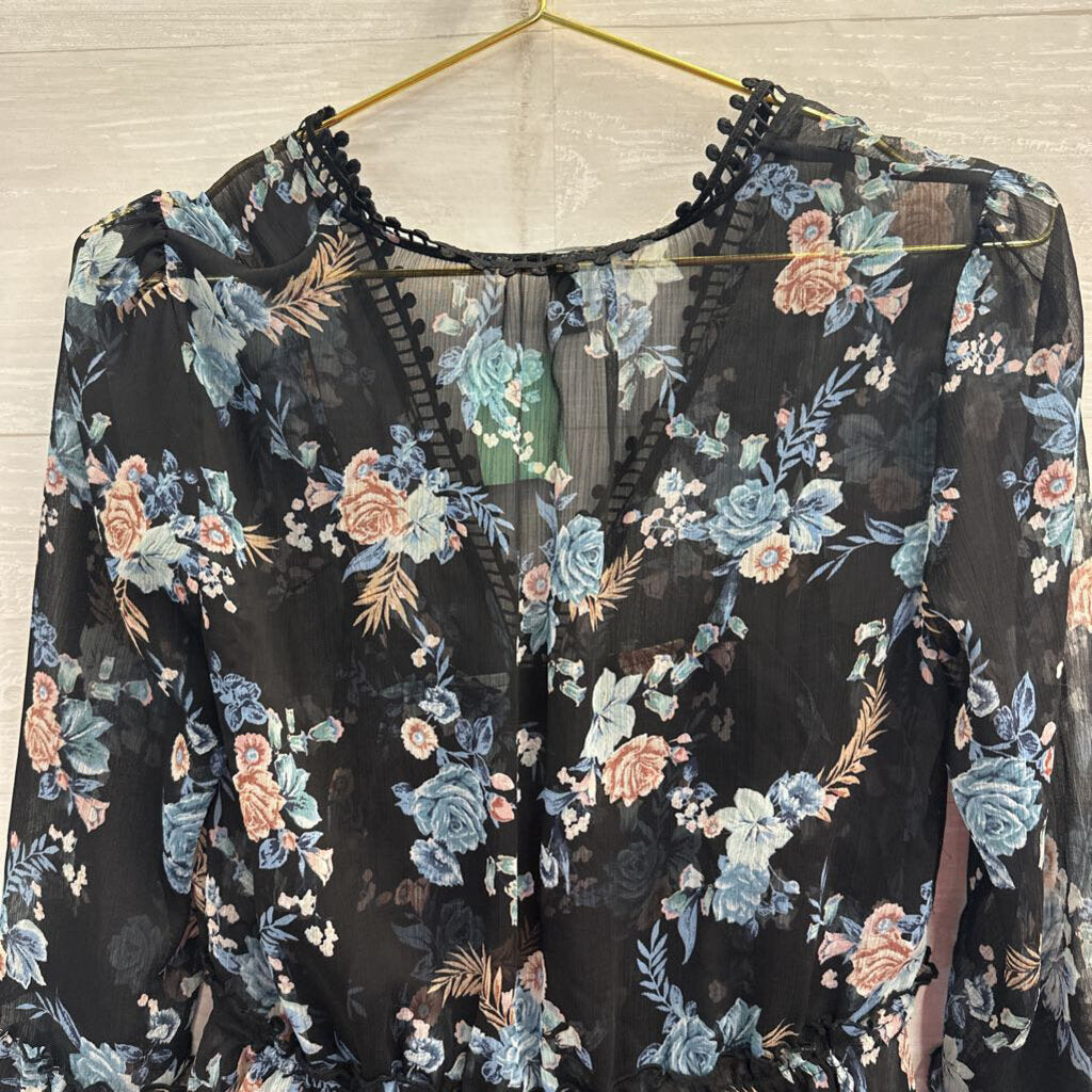 White House Black Market Black/ Blue Floral Print Long Sleeve Top Extra Small