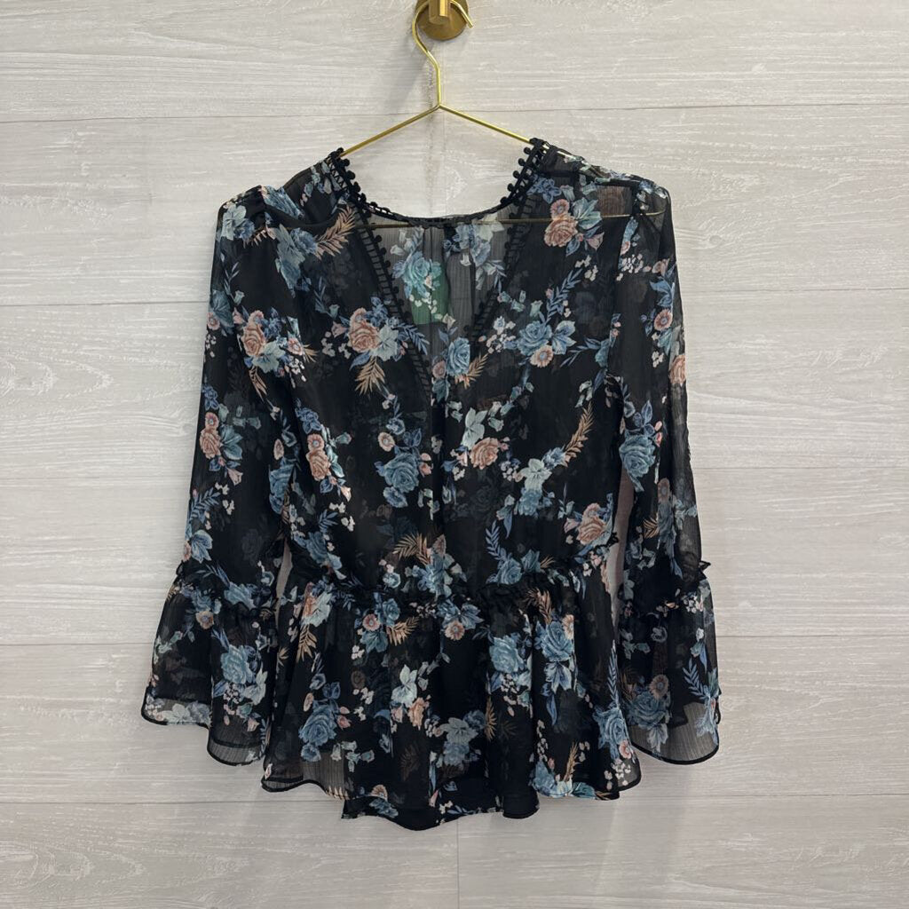 White House Black Market Black/ Blue Floral Print Long Sleeve Top Extra Small