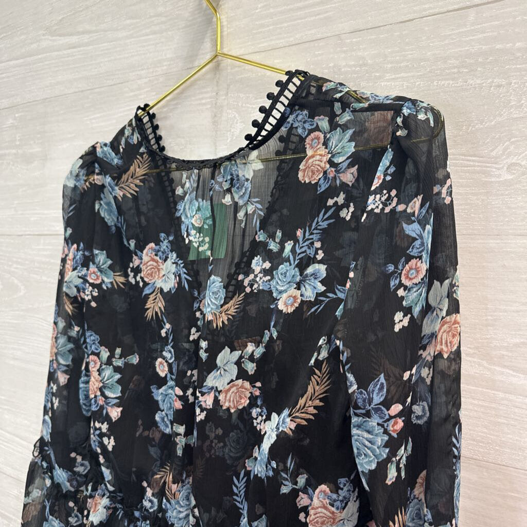 White House Black Market Black/ Blue Floral Print Long Sleeve Top Extra Small