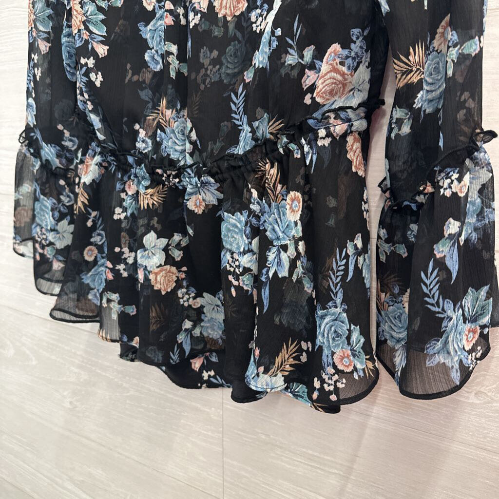 White House Black Market Black/ Blue Floral Print Long Sleeve Top Extra Small