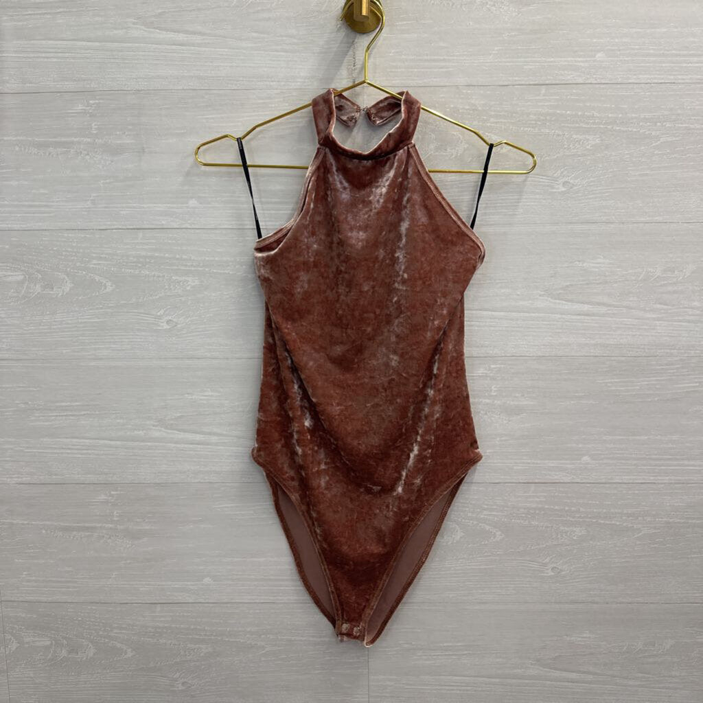 Mauve Pink Velvet High Neck Bodysuit Medium