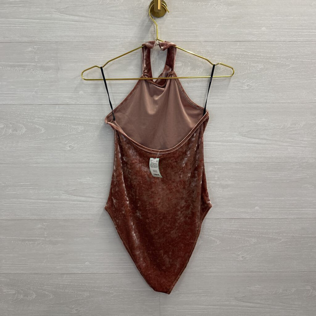 Mauve Pink Velvet High Neck Bodysuit Medium