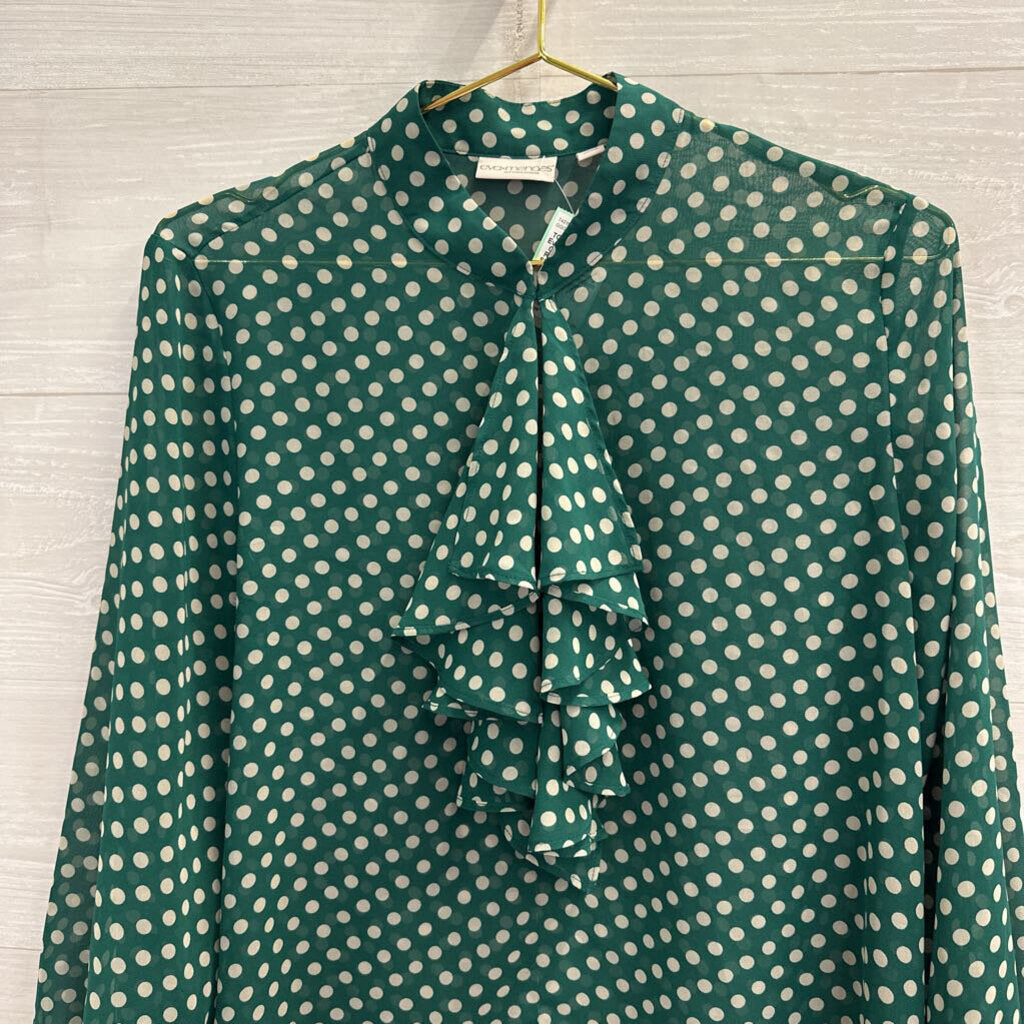 Eva Mendes Green/ Cream Polka Dot Ruffle Detail Long Sleeve Top Medium