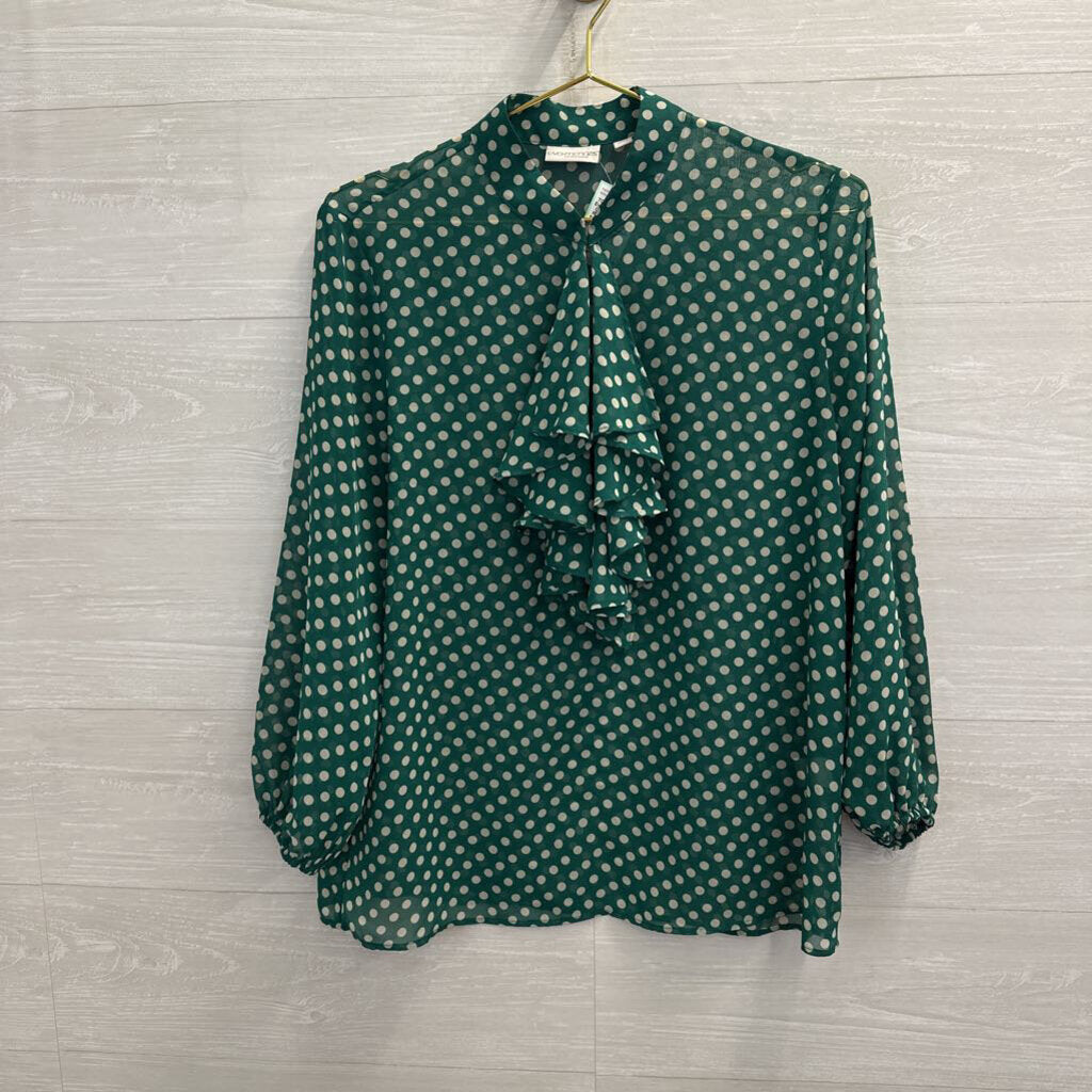 Eva Mendes Green/ Cream Polka Dot Ruffle Detail Long Sleeve Top Medium