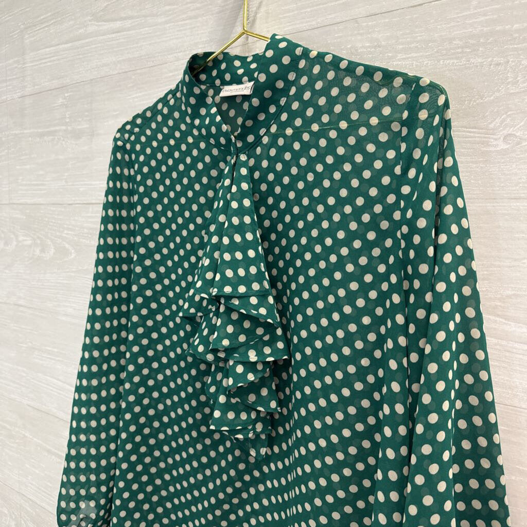 Eva Mendes Green/ Cream Polka Dot Ruffle Detail Long Sleeve Top Medium