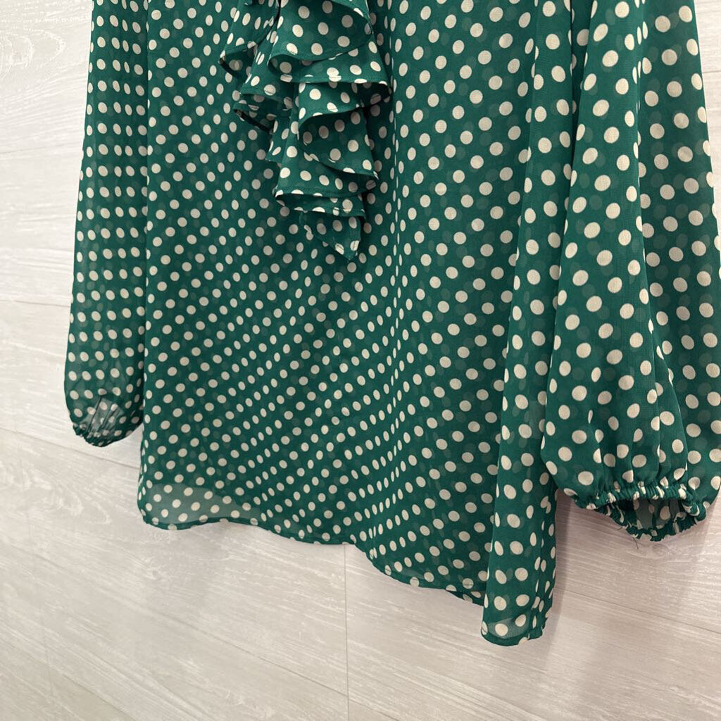 Eva Mendes Green/ Cream Polka Dot Ruffle Detail Long Sleeve Top Medium