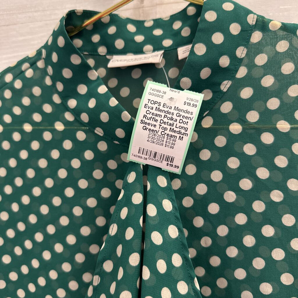 Eva Mendes Green/ Cream Polka Dot Ruffle Detail Long Sleeve Top Medium
