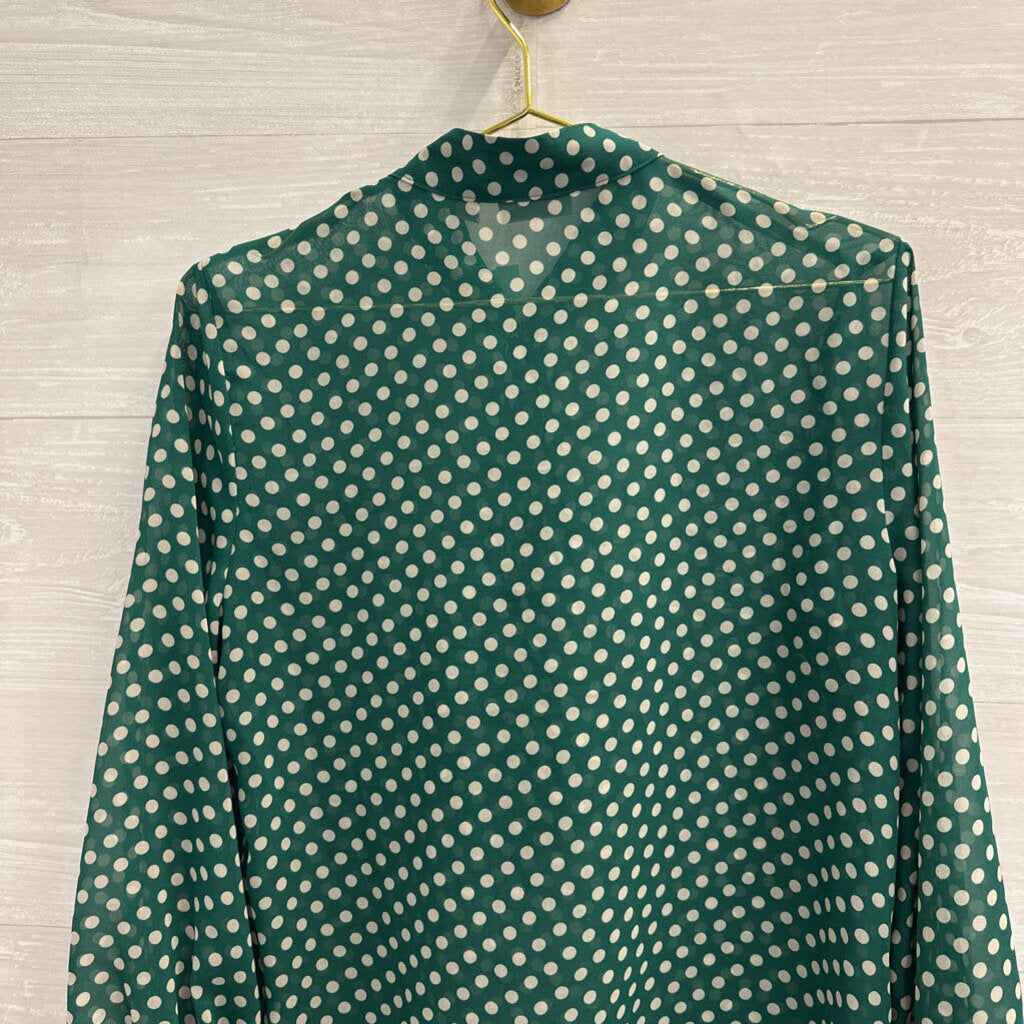 Eva Mendes Green/ Cream Polka Dot Ruffle Detail Long Sleeve Top Medium