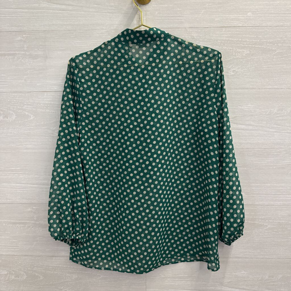 Eva Mendes Green/ Cream Polka Dot Ruffle Detail Long Sleeve Top Medium