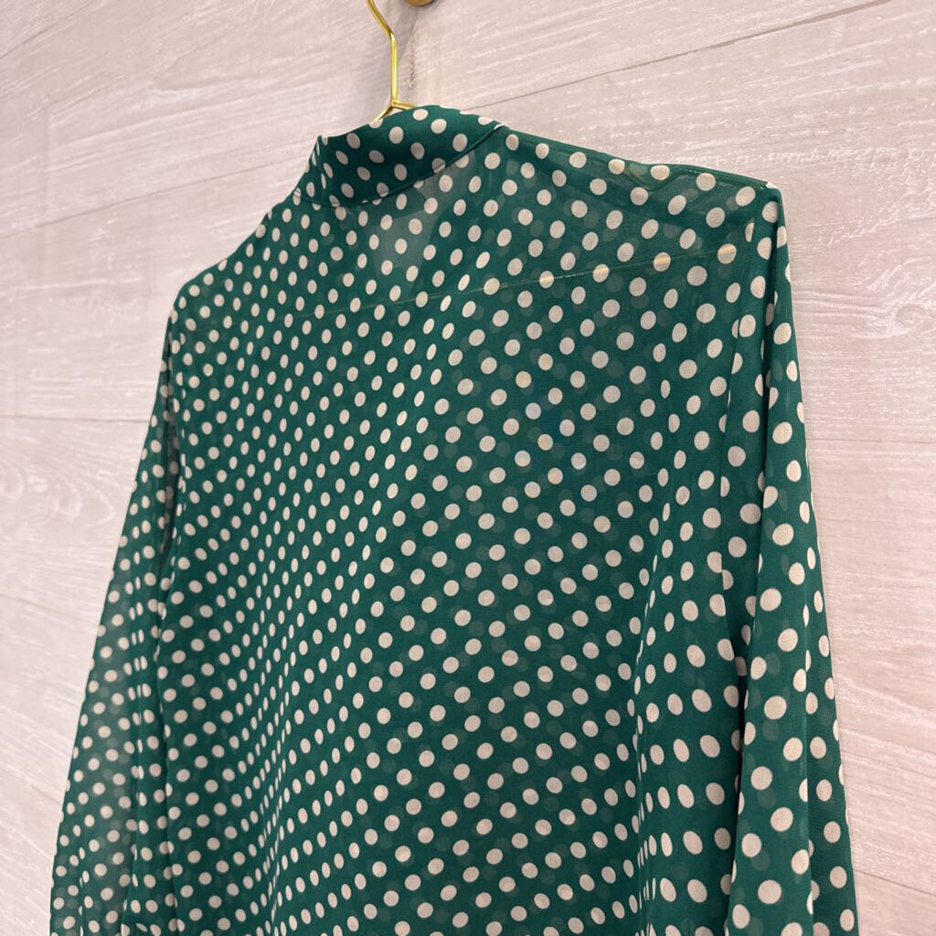 Eva Mendes Green/ Cream Polka Dot Ruffle Detail Long Sleeve Top Medium
