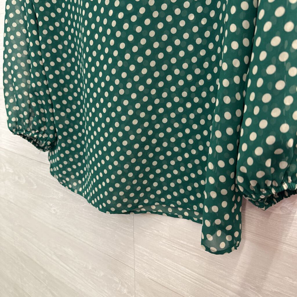 Eva Mendes Green/ Cream Polka Dot Ruffle Detail Long Sleeve Top Medium