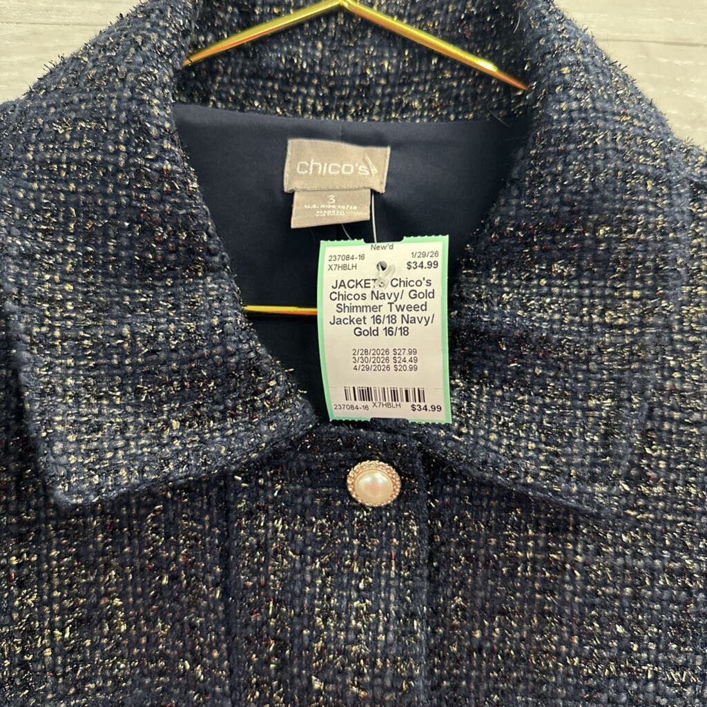 Chicos Navy/ Gold Shimmer Tweed Jacket 16/18