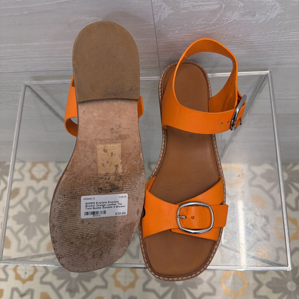 Everlane Brown/ Orange Leather The Twin Buckle Sandals 9