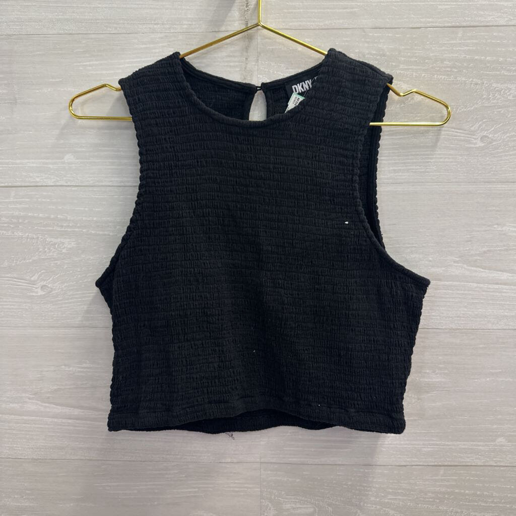 DKNY Black Smocked Cropped Tank Top Large