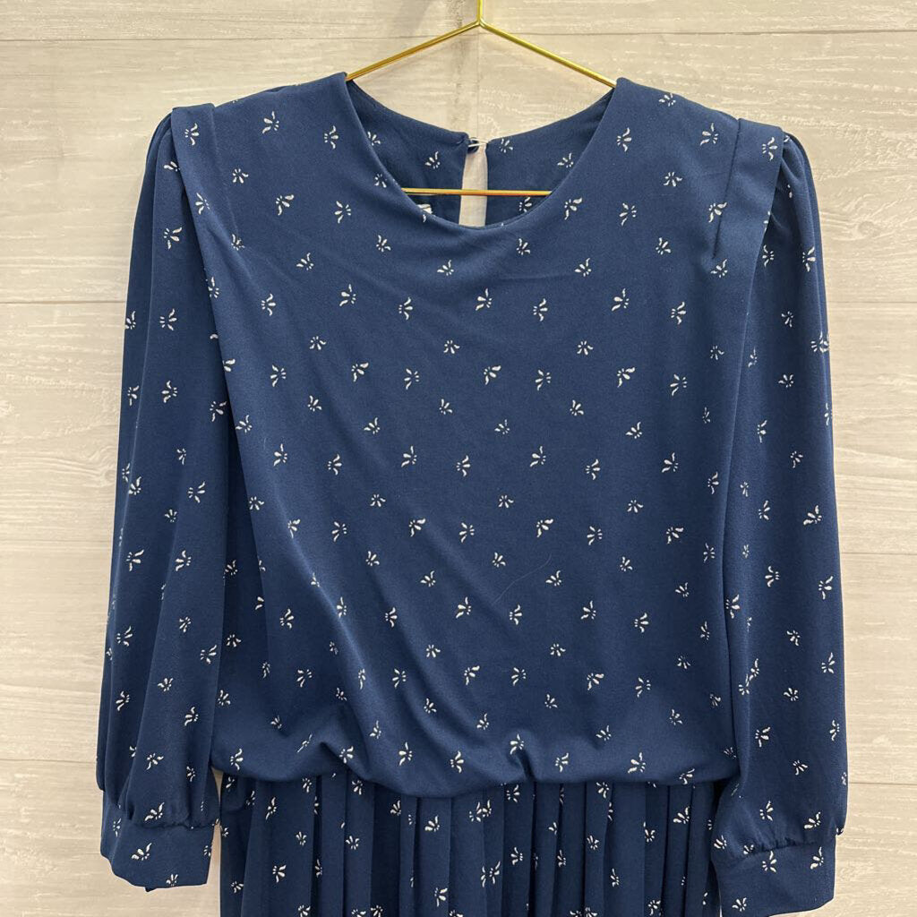Vintage Meryl Fashions Navy/ White Print Long Sleeve Dress Small
