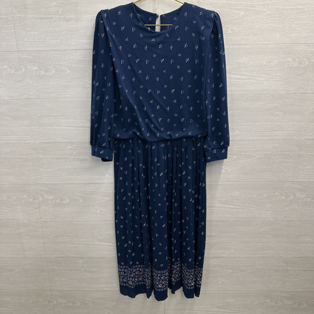 Vintage Meryl Fashions Navy/ White Print Long Sleeve Dress Small