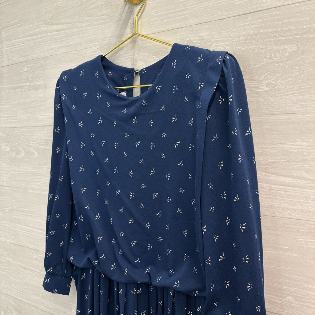 Vintage Meryl Fashions Navy/ White Print Long Sleeve Dress Small