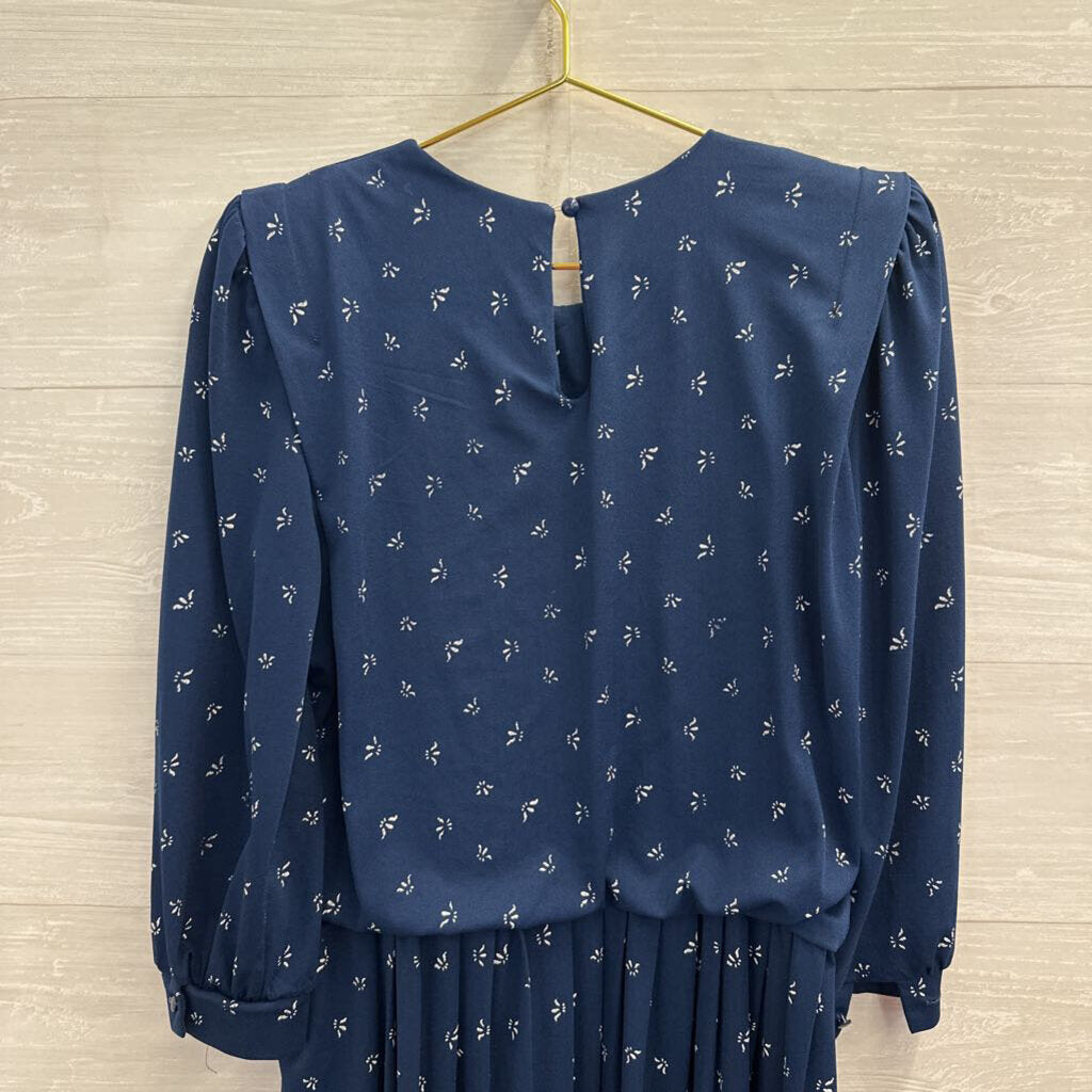 Vintage Meryl Fashions Navy/ White Print Long Sleeve Dress Small