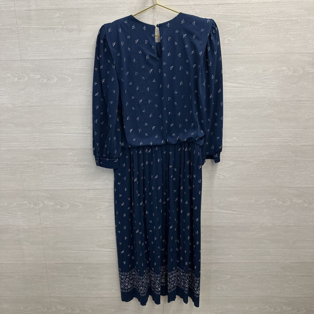 Vintage Meryl Fashions Navy/ White Print Long Sleeve Dress Small