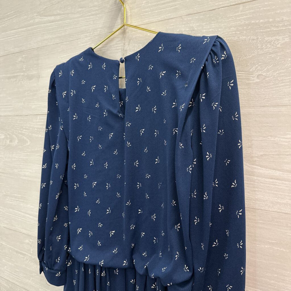 Vintage Meryl Fashions Navy/ White Print Long Sleeve Dress Small