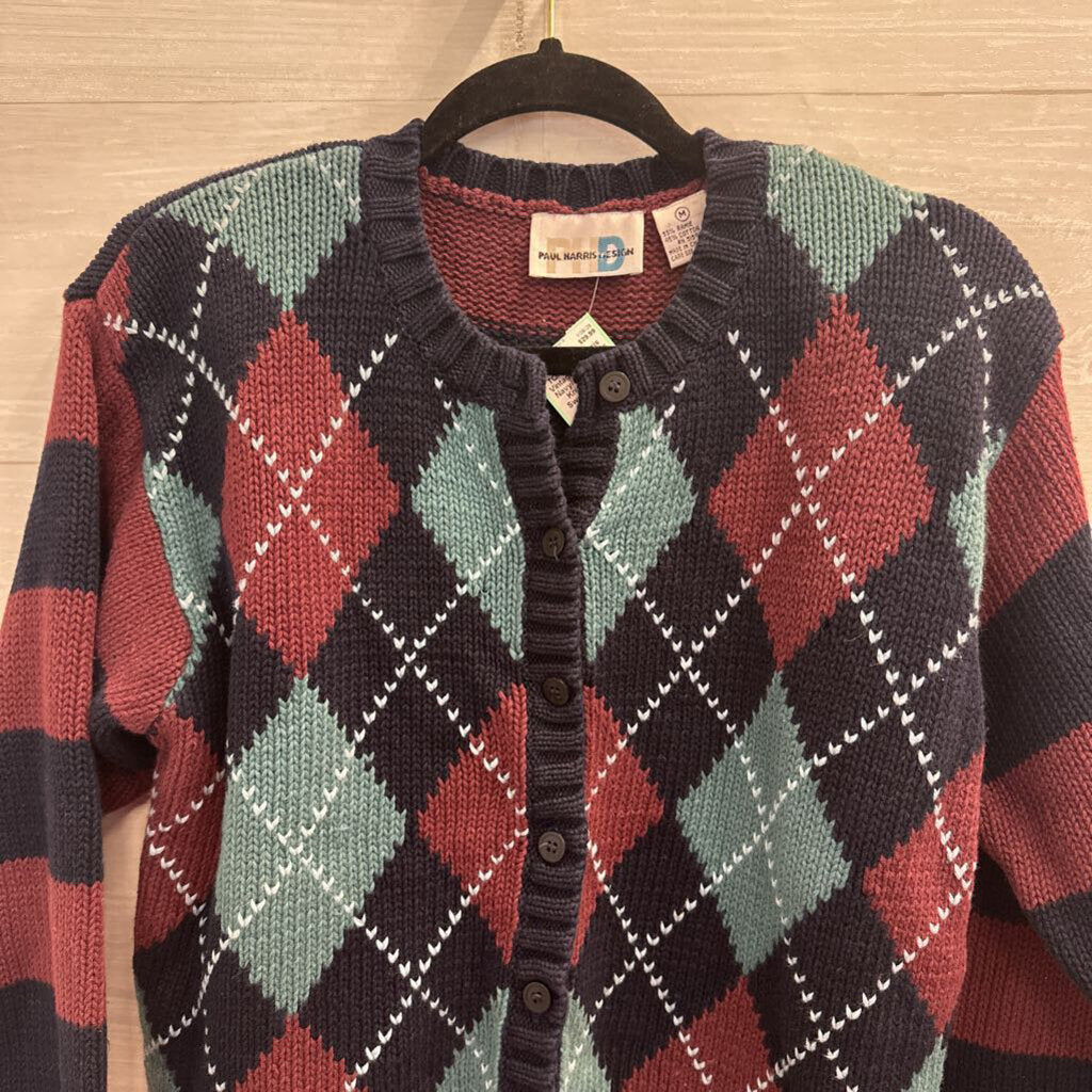 Vintage Paul Harris Navy/ Multi Argyle Knit Cardigan Sweater Medium