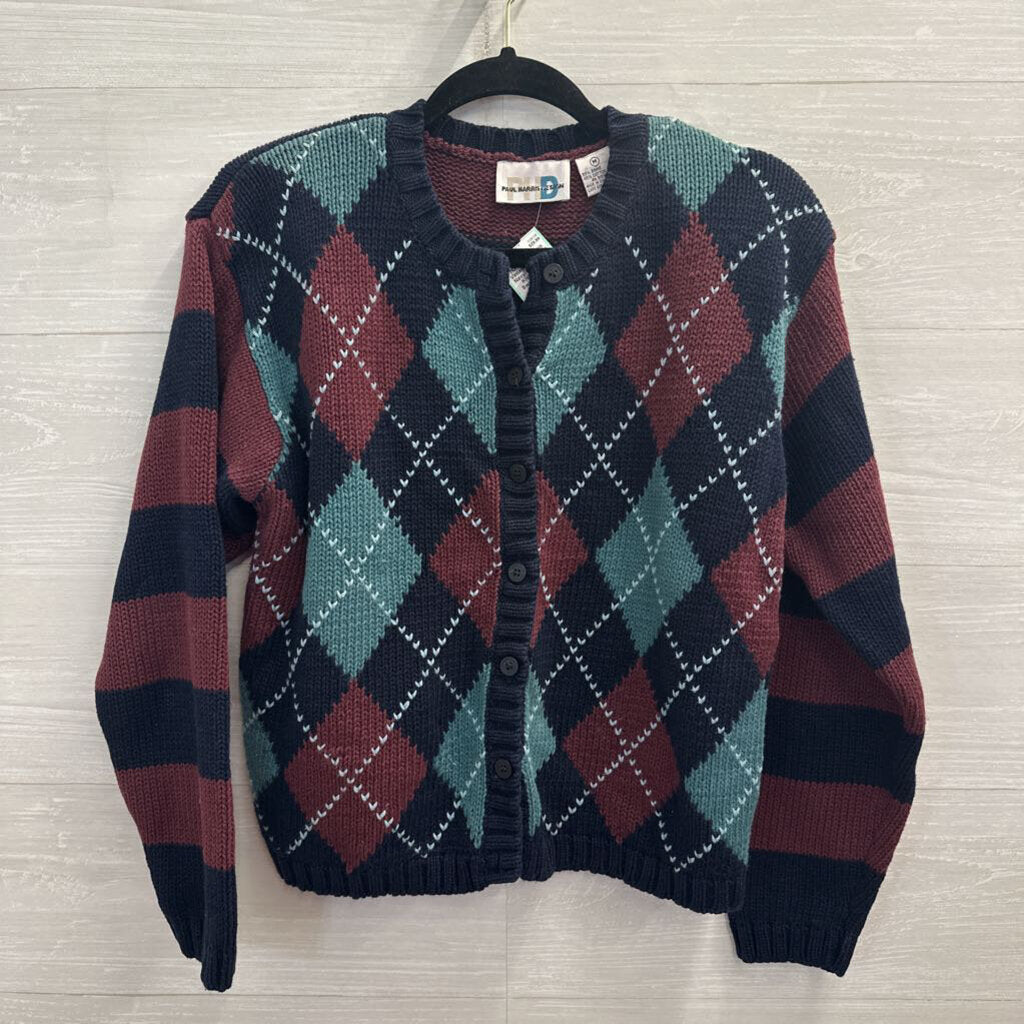 Vintage Paul Harris Navy/ Multi Argyle Knit Cardigan Sweater Medium