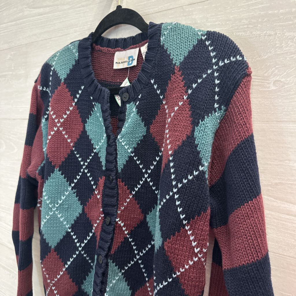 Vintage Paul Harris Navy/ Multi Argyle Knit Cardigan Sweater Medium