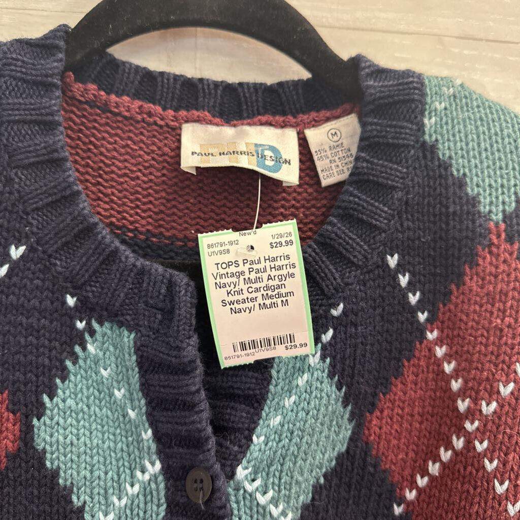 Vintage Paul Harris Navy/ Multi Argyle Knit Cardigan Sweater Medium