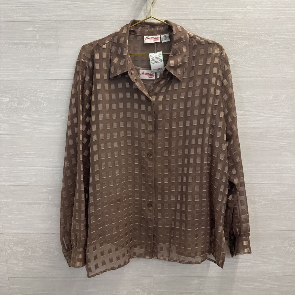 Joanna Brown Square Print Long Sleeve Button Down Top 2X