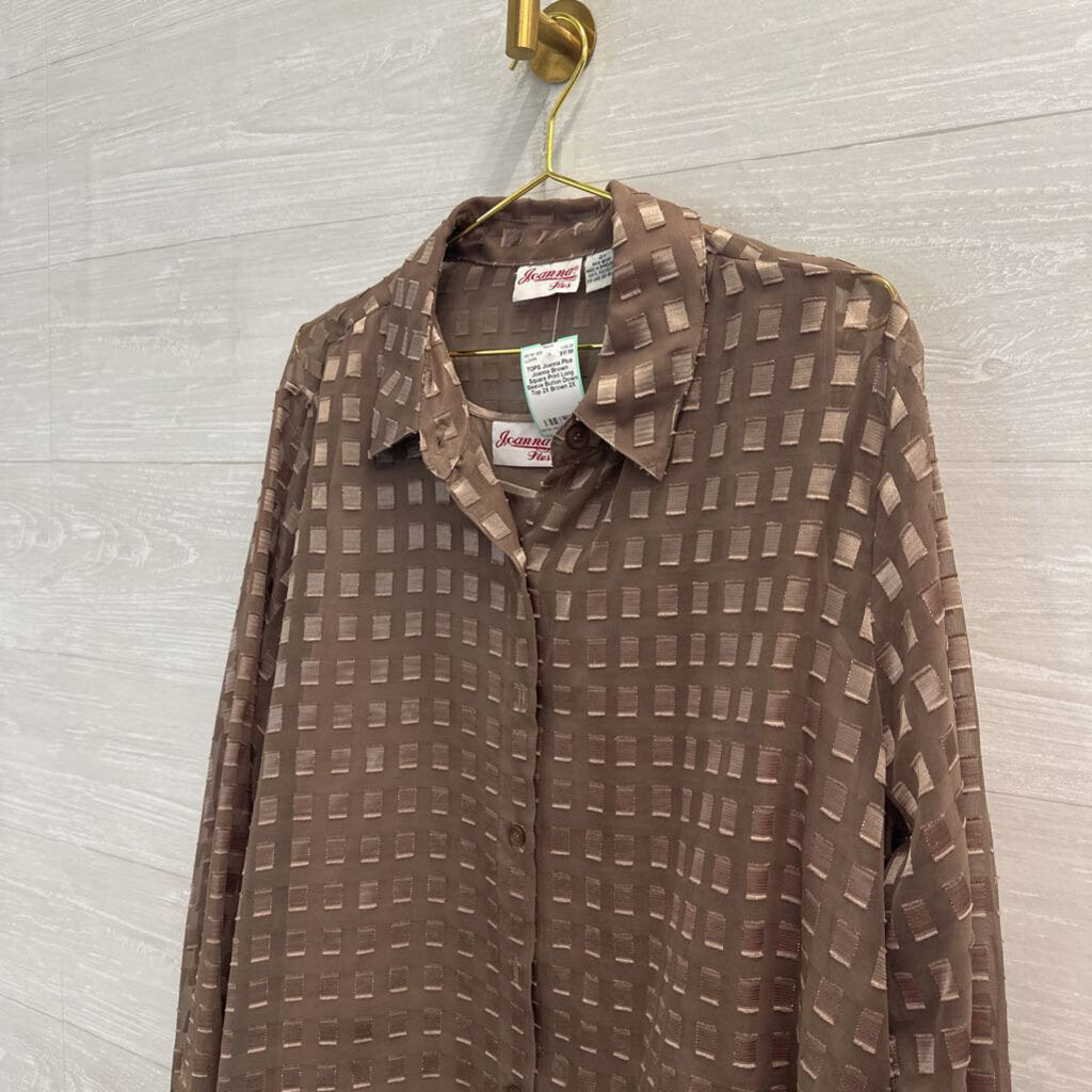 Joanna Brown Square Print Long Sleeve Button Down Top 2X