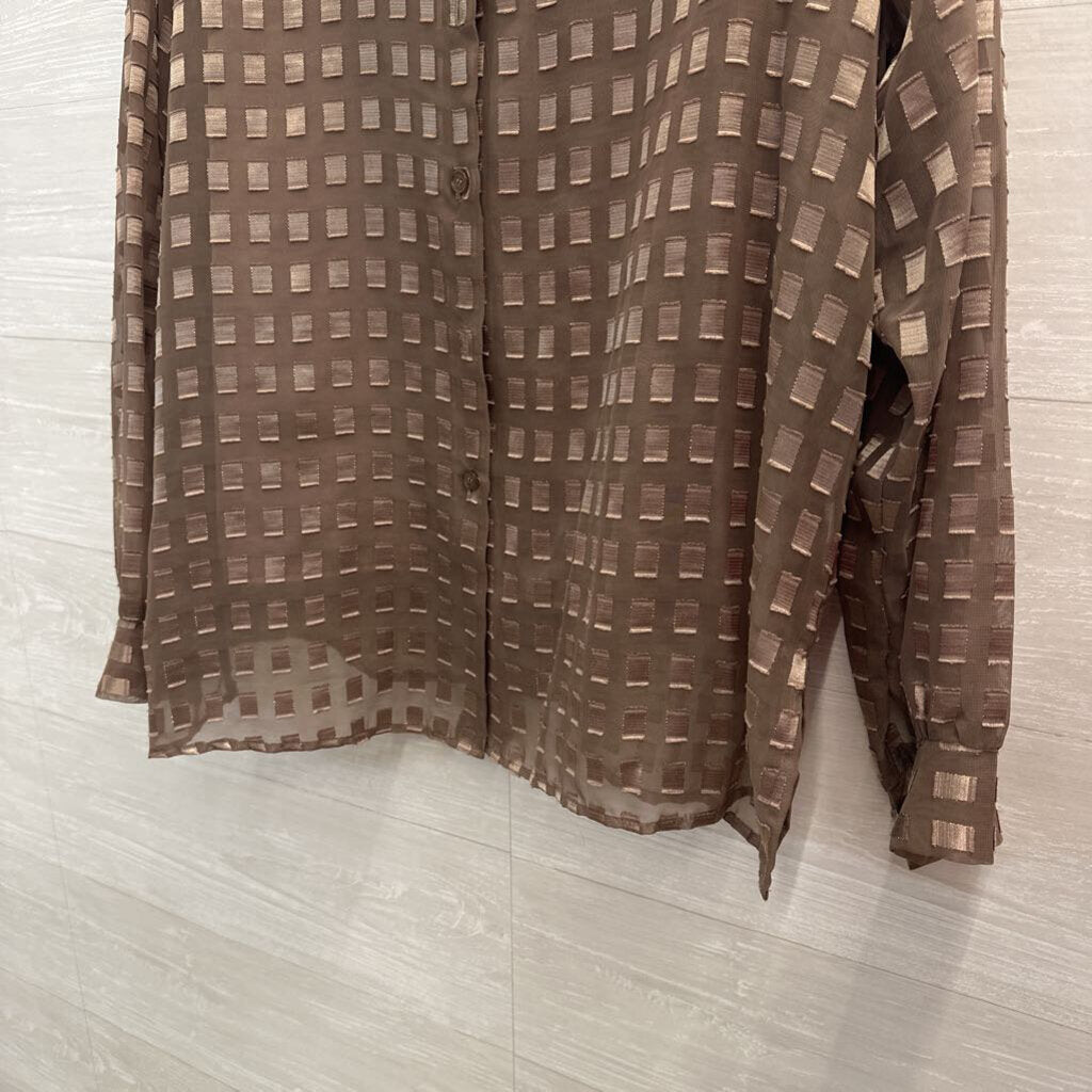 Joanna Brown Square Print Long Sleeve Button Down Top 2X