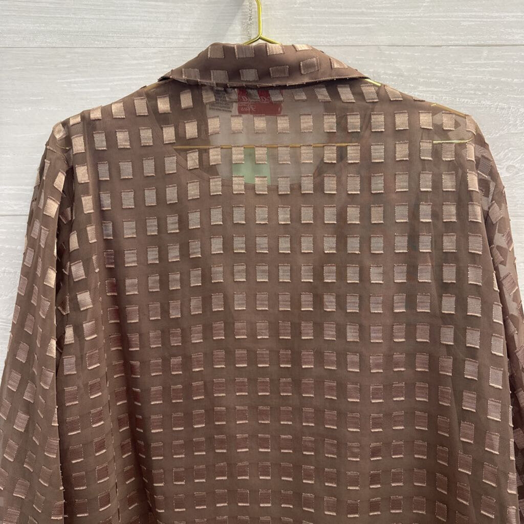 Joanna Brown Square Print Long Sleeve Button Down Top 2X