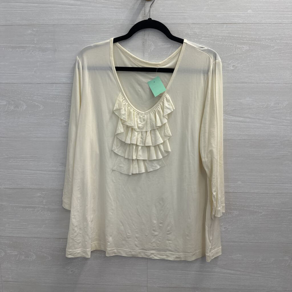 Susan Graver Cream Ruffle Detail Long Sleeve Top Extra Large