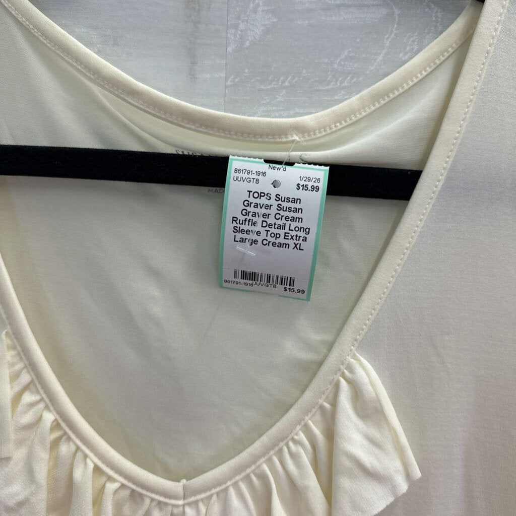 Susan Graver Cream Ruffle Detail Long Sleeve Top Extra Large
